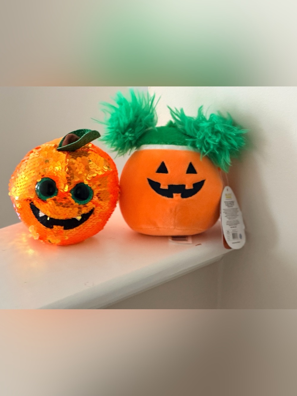Ty Orange Sequin and Squishmallow Pumpkin Pair with Green Accents